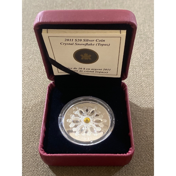 2011 $20 Canadian Silver Coin with Topaz Crystal Snowflake, Royal Canadian Mint