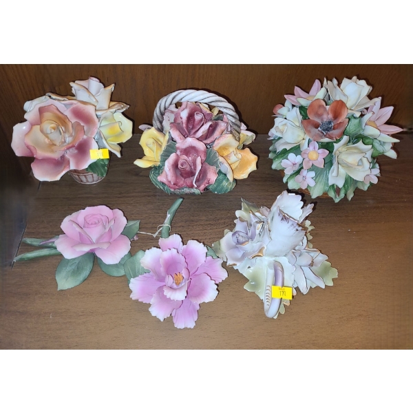 Roses: Capodimonte Roses (One Has Broken Leaf), Bassano Mauve Vase 7 W, 5 T, Small Chips on All