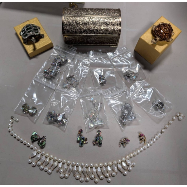 Rhinestone Jewelry, Trinket Boxes, and Faux Pearl Necklace