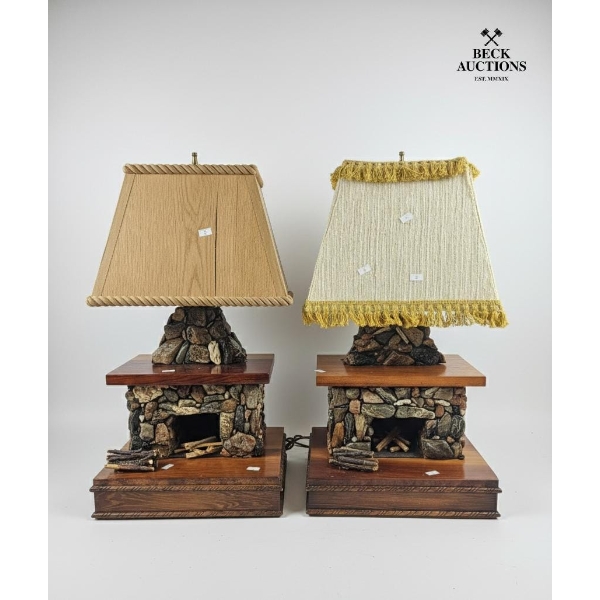 Two Vintage Lamps Feature A Unique Diorama Base Designed To Resemble A Stone Fireplace 24 inches H