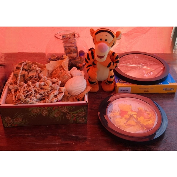 Fishbowl of Marbles, Tigger Plush, Winnie and Marvin the Martian Clocks, Seashells