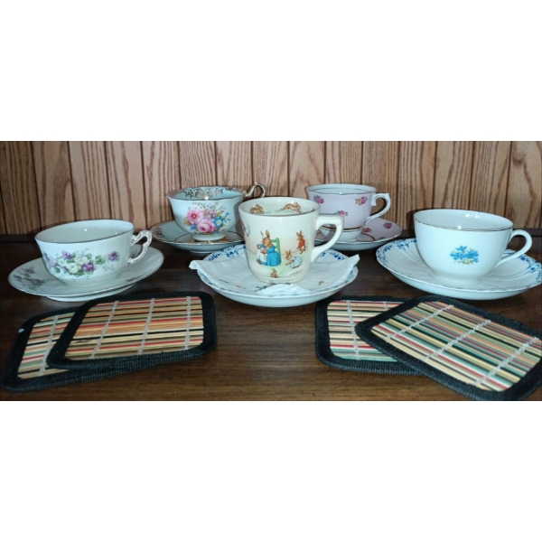 Collection of Five Tea Cups & Saucers w/ Woven Coasters  Bunnykins, Limoge, & More