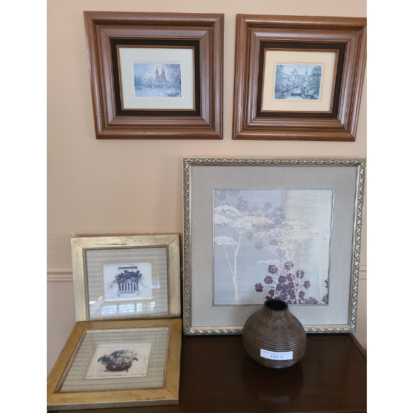 Vase & 4 Framed Prints.  Silver Frame 26 w 26 h.  Gold Frame 15 1/2 w 14 1/ h.  Wood 18 w 16 h
