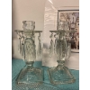 Image 5 : Collection of vintage pressed glass items, featuring two crystal candlesticks with prisms, and three