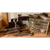 Image 3 : Wood Shelving Unit w/ Contents & 6 ft Painters Ladder - Electric Router Hardware & More 
