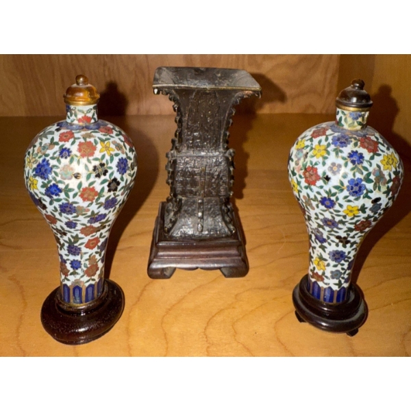 Chinese Cloisonne' Style Vases on Central Stands w/ Metal Vase 5T
