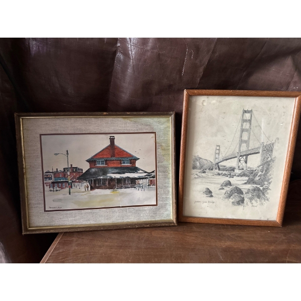 Original Drawing of the Golden Gate Bridge-Artist Unknown and Water Colour Painting By Ranulph Bye