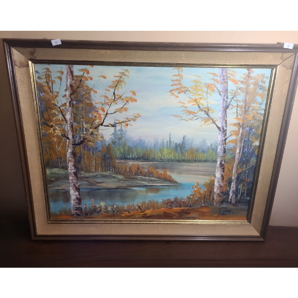 Painting of Autumn Woods- Artist Lyon, 28 X 22 Paint on Canvas Board Framed 