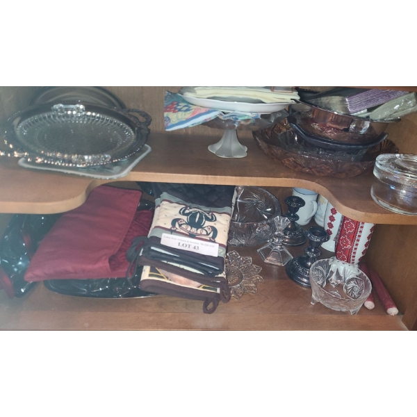 Contents of Cupboard, Serving Bowls, Dishes, Candle Holders, Linens and more