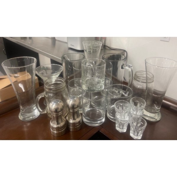 Bundle Of Assorted Barware- SNP Shaker, Pint Glasses, Shot Glasses, Beer Mugs