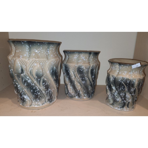 Set of 3 Ceramic Planters w/ Speckled Peacock Feather Motif- Tallest: 8 T 