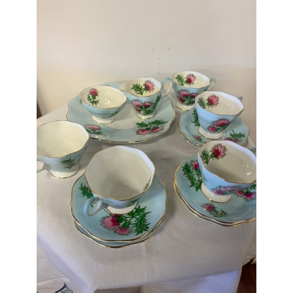 Vintage Foley bone china teacup saucer in the Glengarry Thistle pattern. 5cups, 6 saucers,1 plate