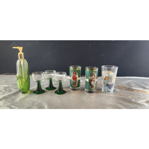 Variety of Collectable Glass Items Including Cups, Stemmed Glasses, and a Soap Dispenser
