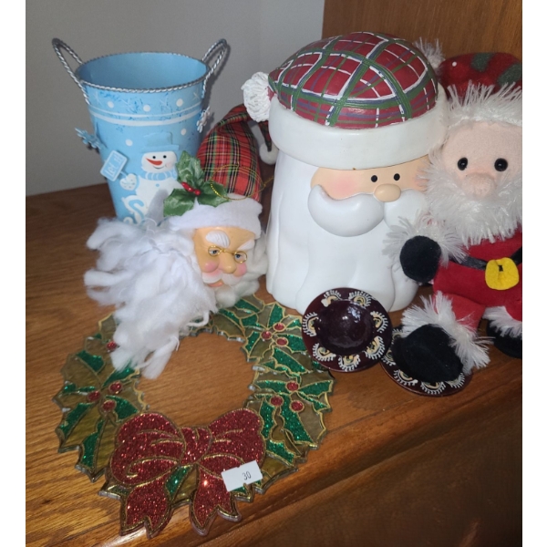 Santa Canister 8 T, Plastic Wreath 7.5" Diameter and More!