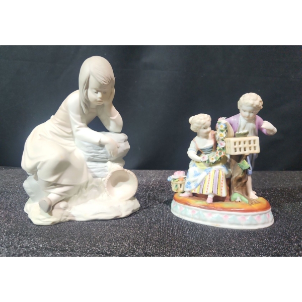 A Pair of Collectible Figurines. Nao Milkmaid, Unglazed and Marked Porcelain Figure, Likely German