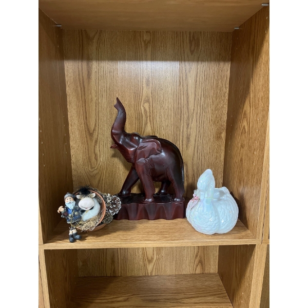 Wooden Elephant Carving 16" Swan & Man Sculpture 