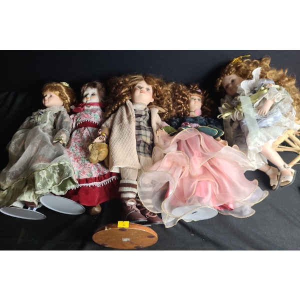 Assorted Porcelain Dolls: Tallest- Centre Doll w/ Brown Hair 20 T