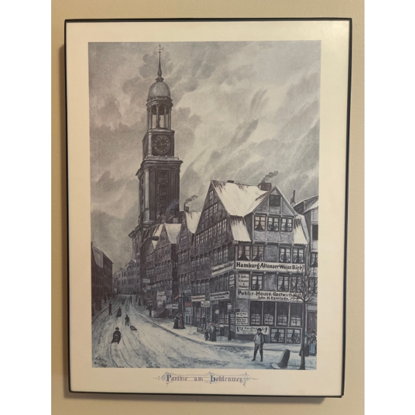 Hamburg Clock Tower Print E.Niese Eduard w/ Cottage Art Artist Unknown 12x14
