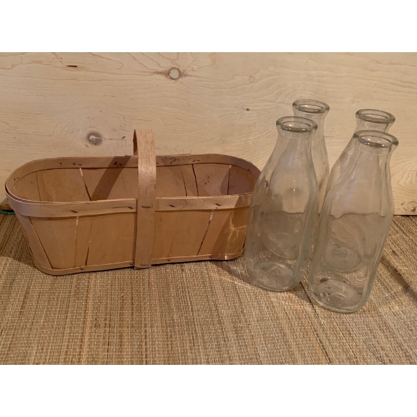 Set Of Four Milk Bottles and Apple Basket