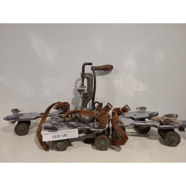 Pair of Vintage Strap-on J.C. Higgins Roller Skates & Purity Grinder