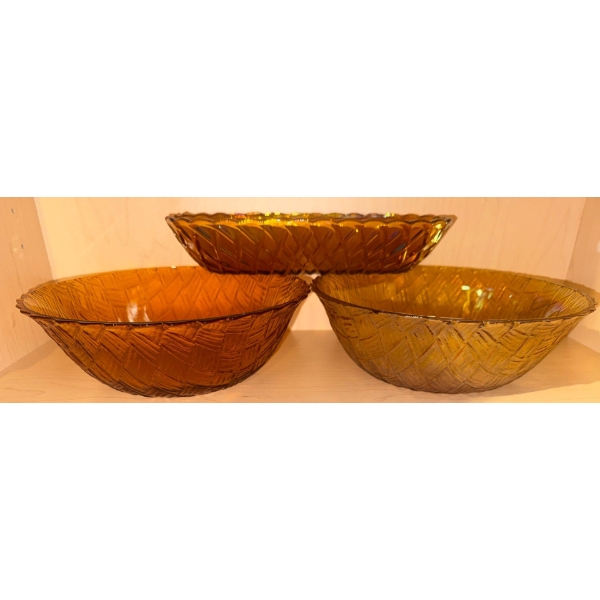 Vintage Amber Carnival Glass Serving Set ft. Basketweave Pattern 