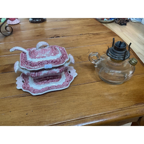 Victorian Gravy Boat  & Glass Oil Lamp