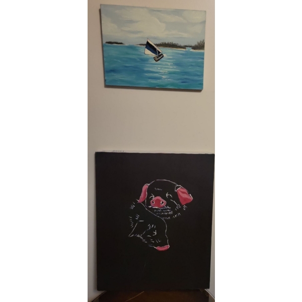 2 Decorative Oil Paintings - Black Pig & Sailing 22T