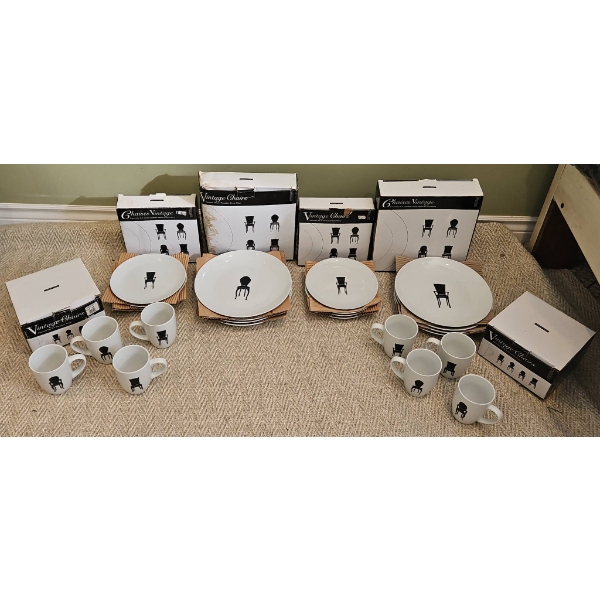 Vintage Chairs Porcelain Dishware Set with Plates and Mugs
