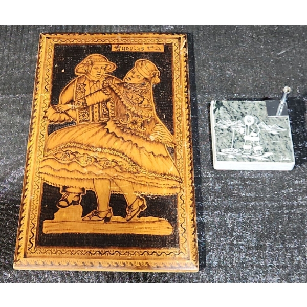 Folk Art Wooden Wall Accent with Carved Soap Stone Pen Holder