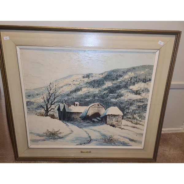 Painting of Snowy Barn, Artist: Eva G. Horthy, 30.5 x 26.5 Framed