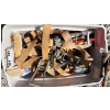 Image 3 : Beige Bin of Hand Tools Incl: Hand Saws, Paste Spreaders, Wire Wheel Attachment and More!