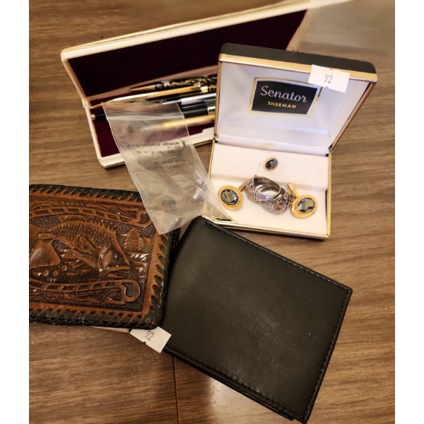 Pens (Gold-Filled Cross), Hematite Cuff Links/Tie Pin, Owl Rings and Tie Pin (Not Stamped), Wallets