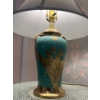 Image 5 :  Vintage porcelain table lamp in a robin egg blue color with brass hardware. Soft white shades .