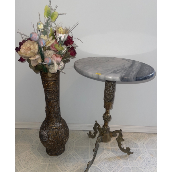 Ornate Brass & Marble End Table 22T w/ Large Painted Vase & Faux Florals