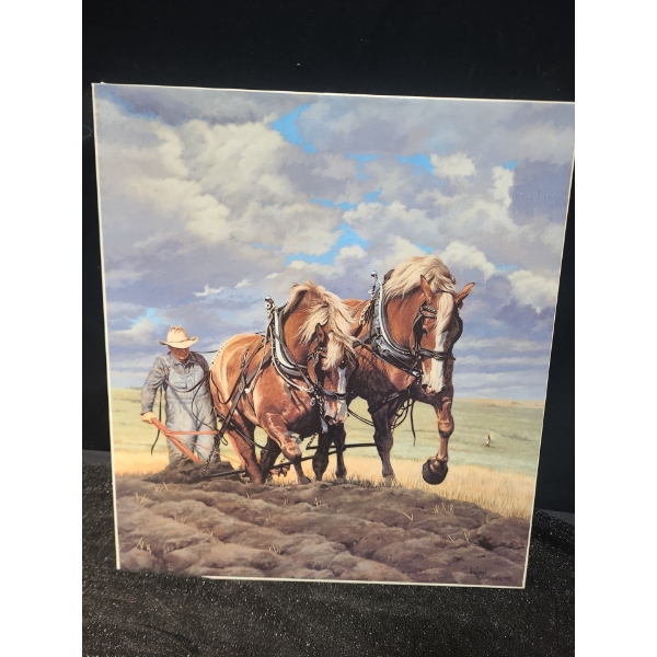 Limited Edition Lithograph of Farmer w/ Horses, Artist: Adeline Halvorson, Canvas on Frame 17.5 X 20