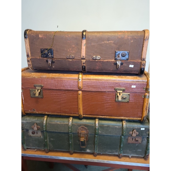 Antique Suitcase and Two Trunks (Some Damage to All) Green 36 L, 21 W, 11 T When Flat 