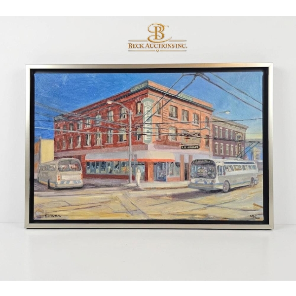  Framed Urban Scene Painting, By artist T. Nunn, Depicting A City Street Corner With Buses 