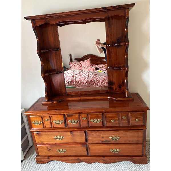 Lovely Cherry Wooden Dresser w/ Mirror, Contents NOT Included -  57W, 18D, 73T 