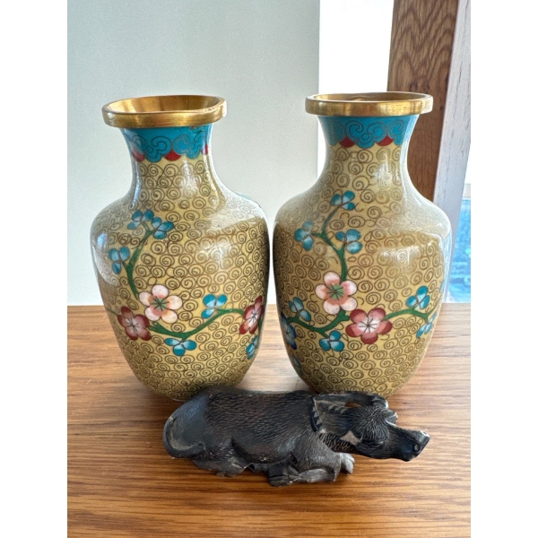 Cloisonne Chrysanthemum Vase Duo w/ Stone Carved Fengshui Zodiac Bull 4L