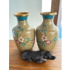 Image 1 : Cloisonne Chrysanthemum Vase Duo w/ Stone Carved Fengshui Zodiac Bull 4L