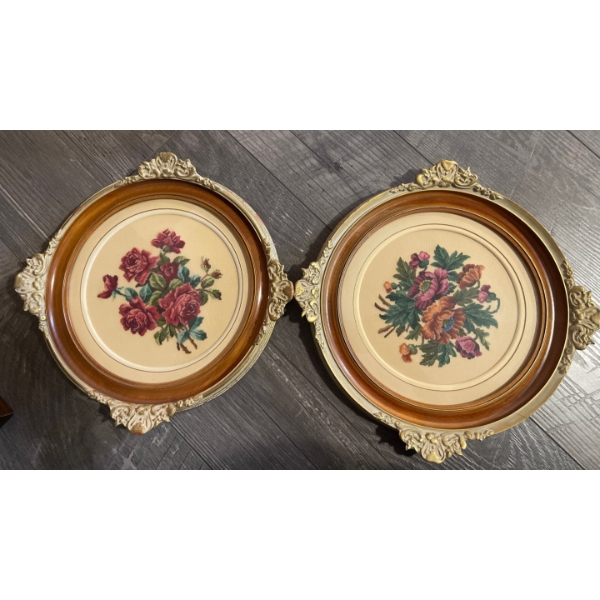 Pair of Petite Point Floral Embroideries in Ornate Round Frames 14T