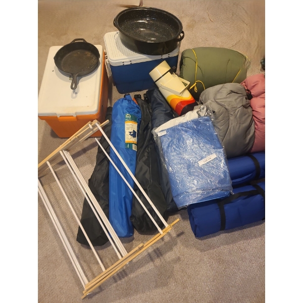 Coolers, Sleeping Bags, Folding Chairs, Mats, Tarps Backpack, Cast Iron Frying Pan & Eureka Tent