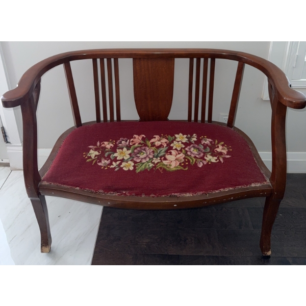Wood Settee with Floral Needlepoint Seat
