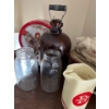 Image 3 : Vintage brown jug, antique handheld seed, spreading system, canning jars and a vintage Hinze's glass