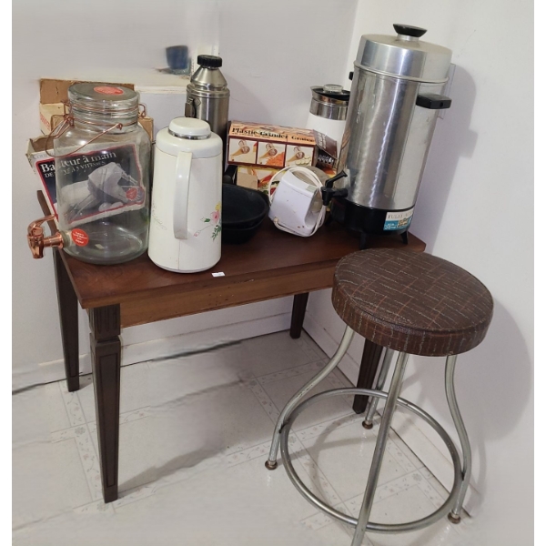 Table 29 W,18 D, 21 T, Stool, Cast Iron Pans, Coffee Urn, Knife Sharpener, Hand Mixer and More!