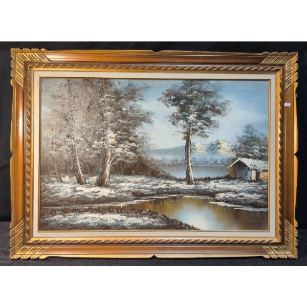 Original Signed Painting of a Wintry Landscape in Wooden Frame
