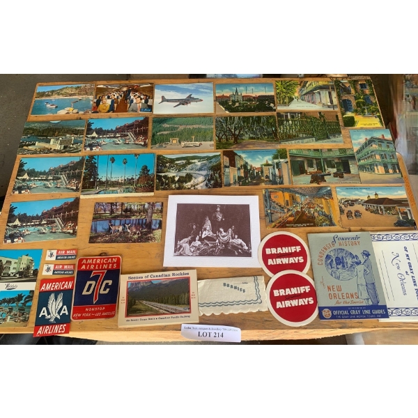 Variety of Vintage Postcards, Scenes of the Rockies, Braniff Airline Stickers and more