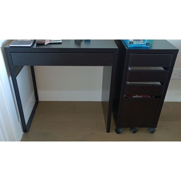 Small Black Desk w/Black Wood Filing Cabinet on Wheels  29"w x 20"d x30" tall