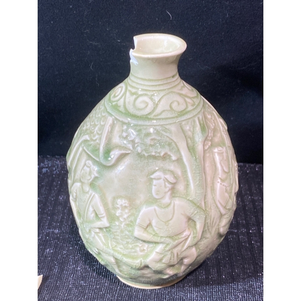 Thai or Siam Green Celadon Carved Vase with Figures 6.5" T ( Slight Damage)