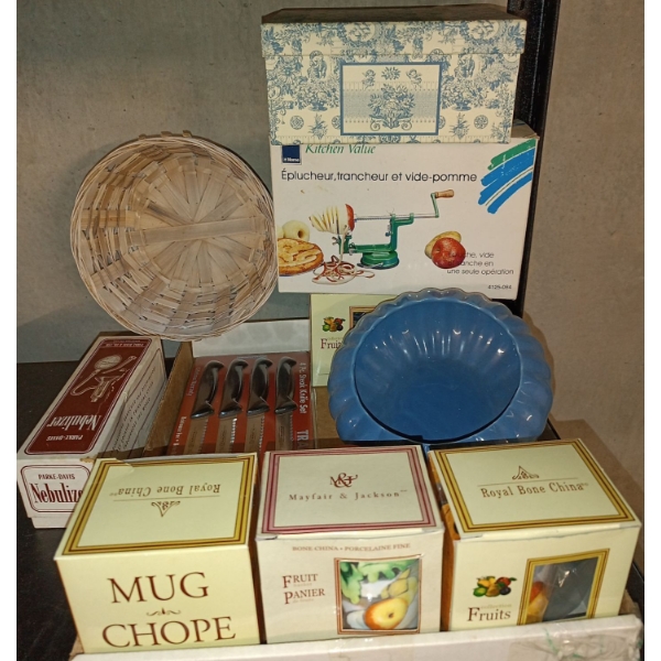 Kitchen Value Apple Spindler, Brand New Mugs, Knives w/Basket & More